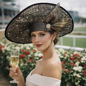 Vintage Black Gold Derby Hat | Statement Wide Brim Pearl Lace Bow Church Couture